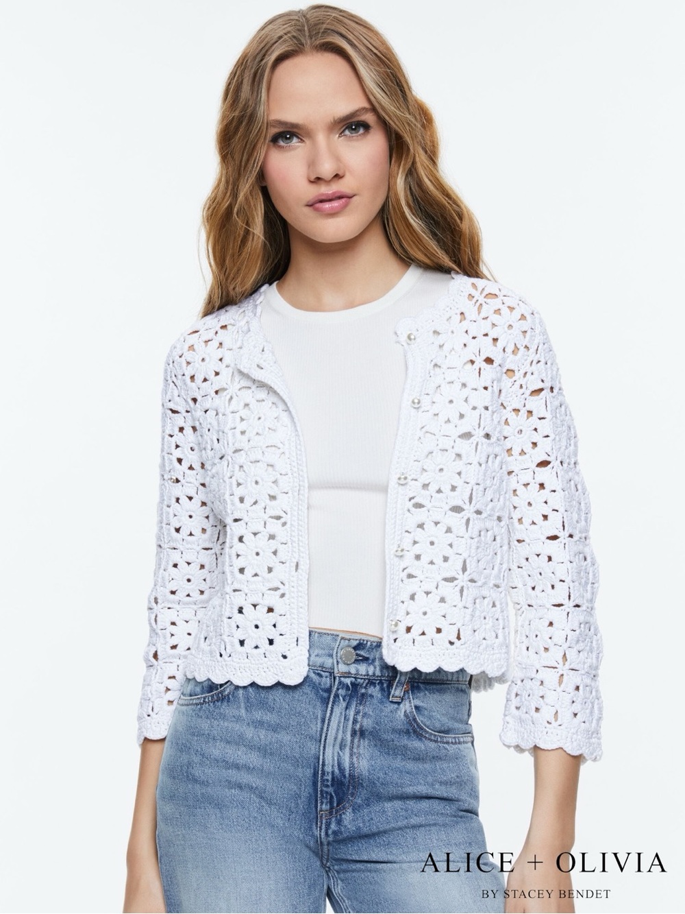Alice + Olivia **NWT** Anderson Cropped Floral Hand Crochet Cardigan in White